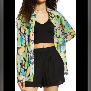 Neon Floral Mesh Button Up Shirt